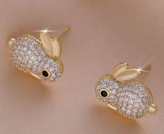 Easter Bunny Rabbit Gold Plated Rhinestone Encrusted Stud Earrings