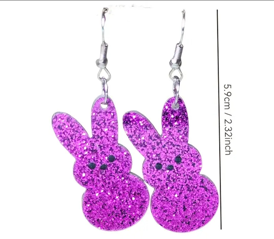 Acrylic Easter Bunny Rabbit Glitter Purple Spring Design Drop Dangle Earrings