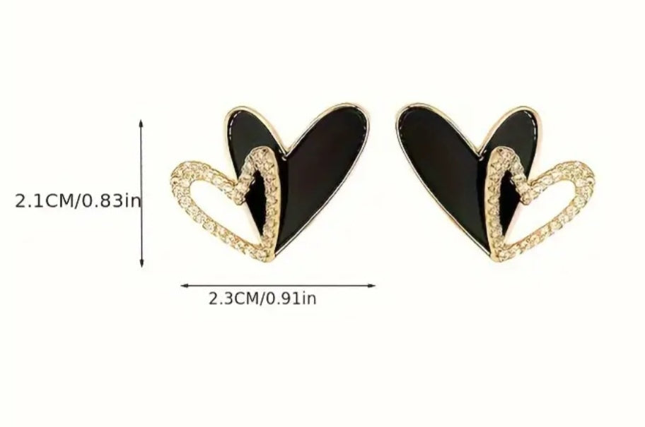 Double Heart Design Black Painted Enamel Gold Plated Rhinestone Inlay Stud Earrings