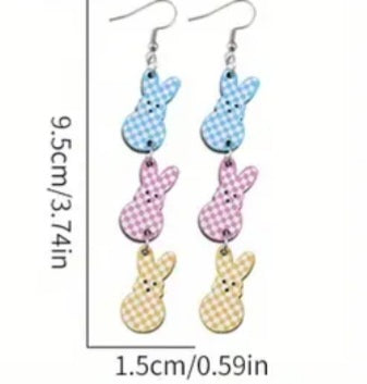 Cartoon Easter Bunny Rabbit Triple Bunnies Spring Design Wood Drop Dangle Earrings