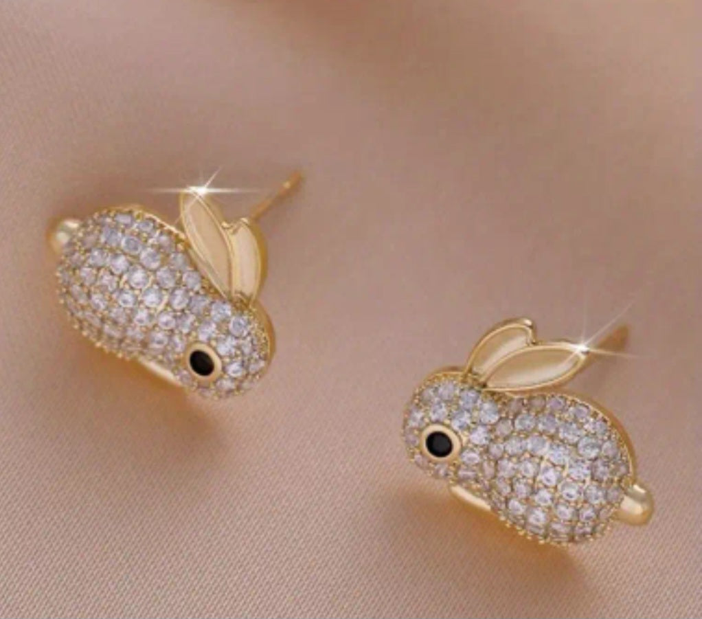 Easter Bunny Rabbit Gold Plated Rhinestone Encrusted Stud Earrings
