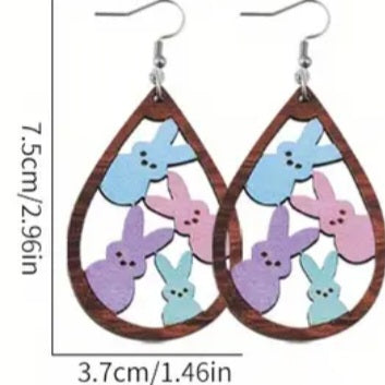 Cartoon Easter Bunny Rabbit Trio Bunnies Pastel Blue Pink Teal Tear Drop  Design Wood Drop Dangle Earrings