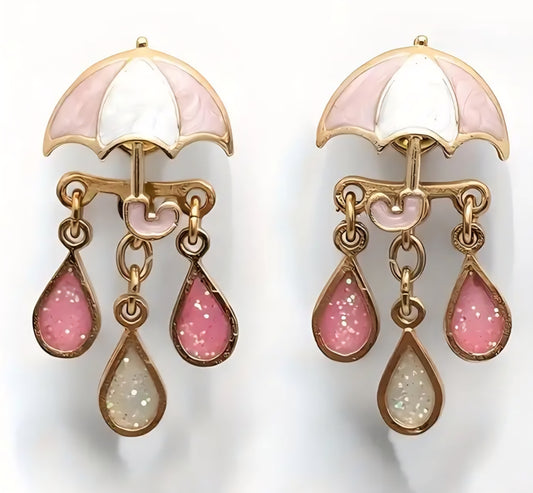 Enamel Glitter Accents Painted Pastel Pink Rain Drop Umbrella Design Drop Dangle Stud Earrings