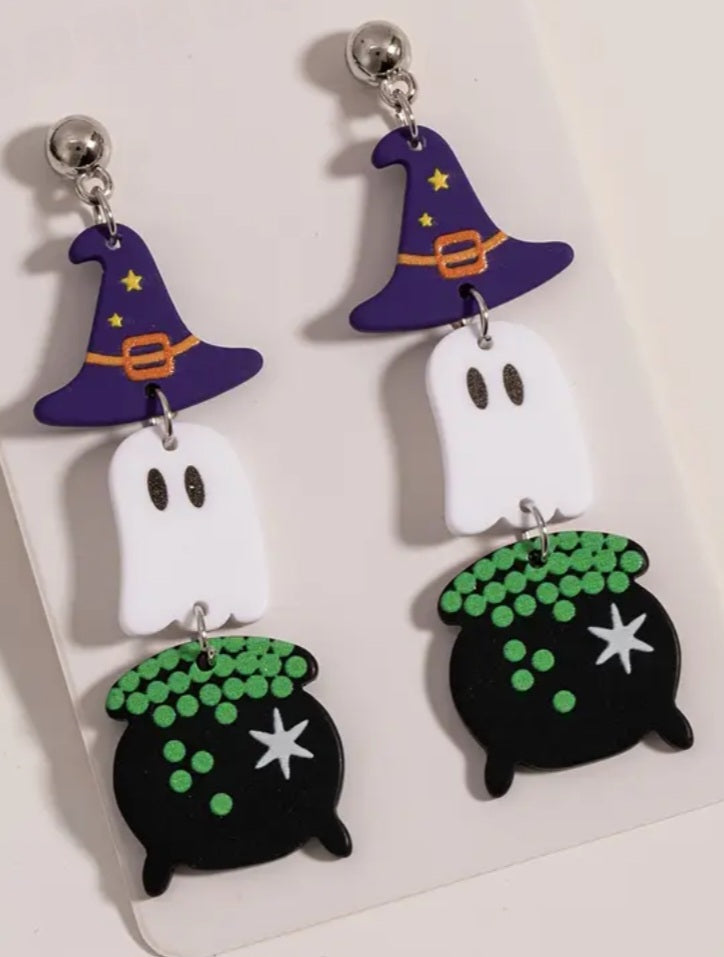 Acrylic Cauldron Ghost Witch Hat Halloween Gothic Design Hinged Drop Dangle Earrings