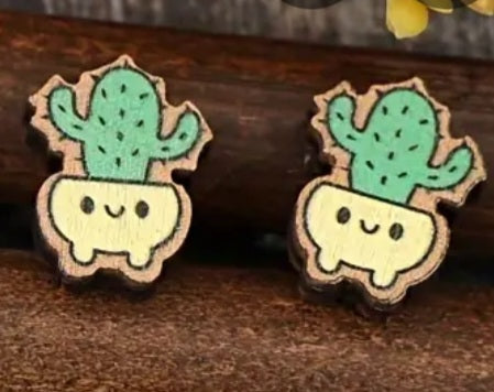 Cartoon Cactus Succulent Pot Tall Plant Yellow Tub Garden Wood Stud Earrings
