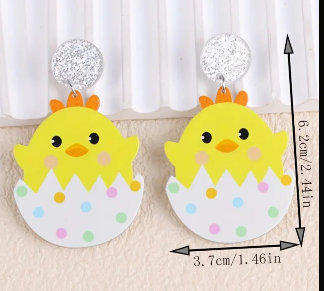 Acrylic Cartoon Chick Easter Egg Spots Spring Design Glitter Drop Dangle Earrings