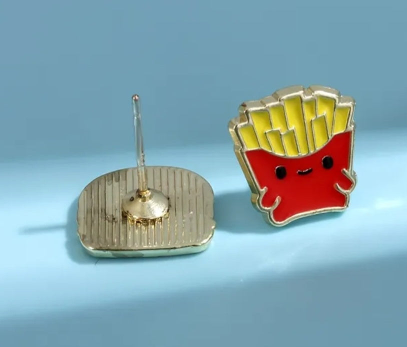 Burger French Fries Fast Food Design Enamel Gold Plated Metal Cartoon Mis-Match Irregular Stud Earrings