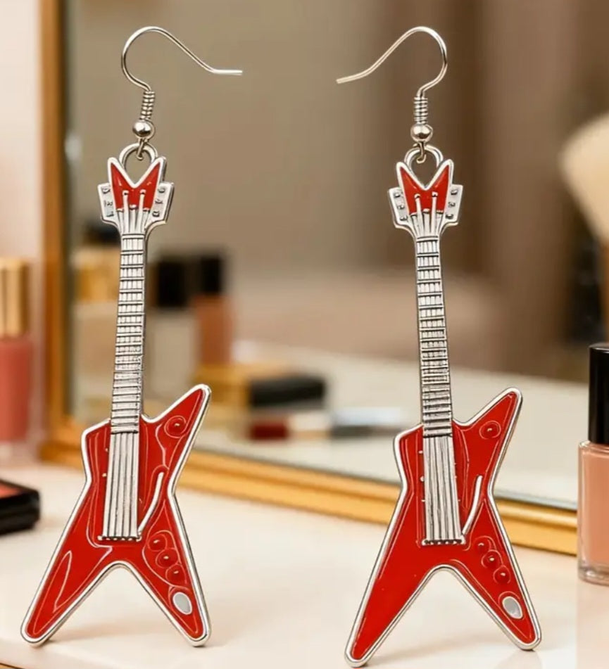 Electric Guitar Punk Rock Muscian Red Enamel Metal Design Silver Plated Drop Dangle Earrings