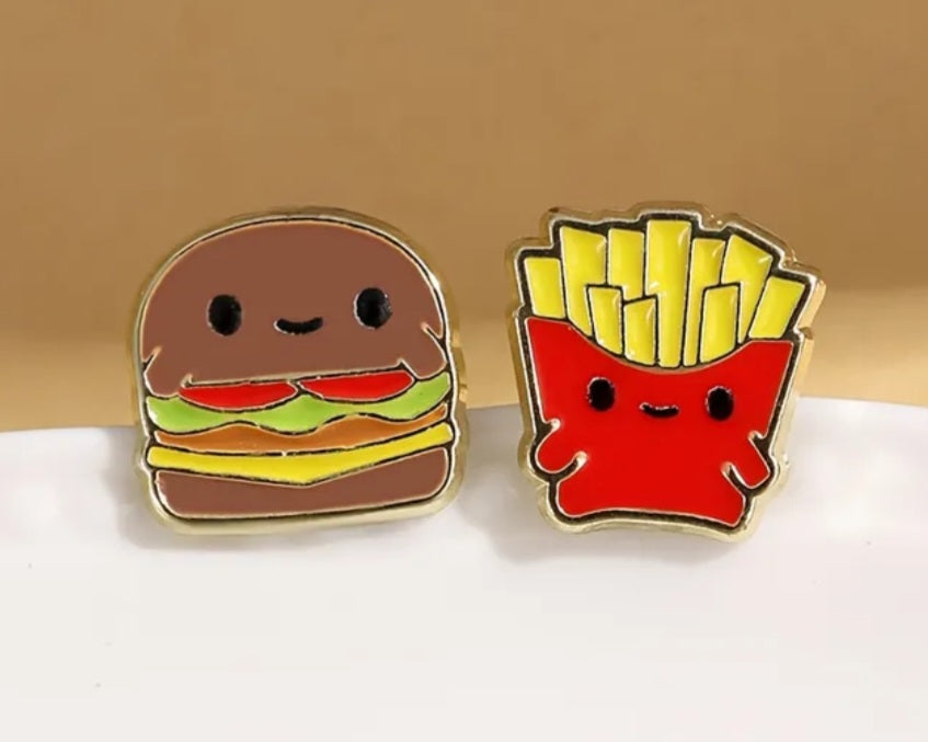 Burger French Fries Fast Food Design Enamel Gold Plated Metal Cartoon Mis-Match Irregular Stud Earrings