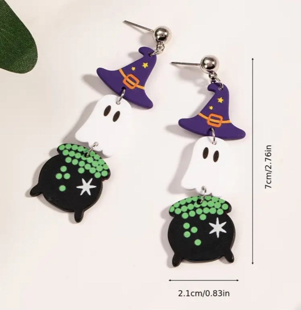 Acrylic Cauldron Ghost Witch Hat Halloween Gothic Design Hinged Drop Dangle Earrings