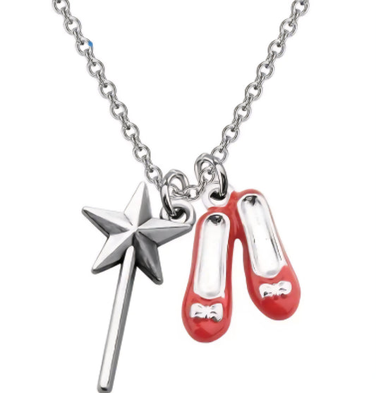 Dorothy's Ruby Red Slippers Glinda's Wand Wizard Of Oz Inspired Enamel Painted Double Charm Pendant Necklace