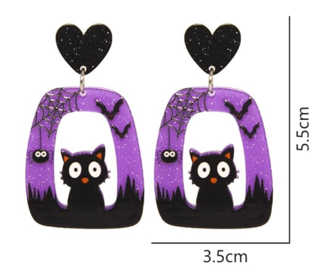 Acrylic Halloween Black Cat Heart Design Dangle Earrings