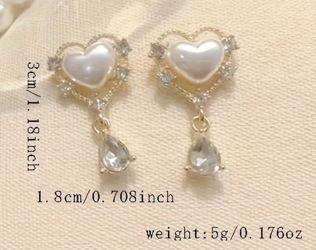 Gold Plated Faux Pearl Heart Rhinestone Inlay Teardrop Rope Design Dangle Earrings