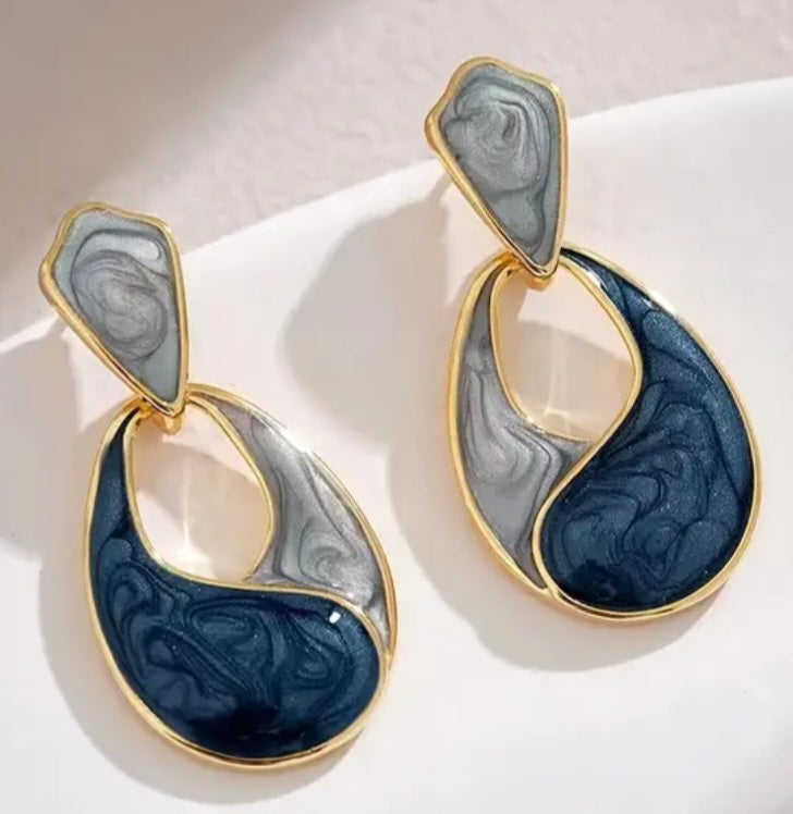 Classy Elegant Enamel Painted Blue Grey Swirl Design Gold Plated Tear Drop Dangle Earrings