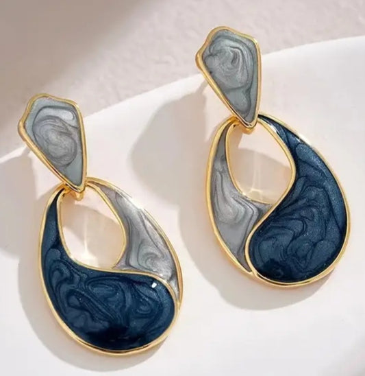 Classy Elegant Enamel Painted Blue Grey Swirl Design Gold Plated Tear Drop Dangle Earrings