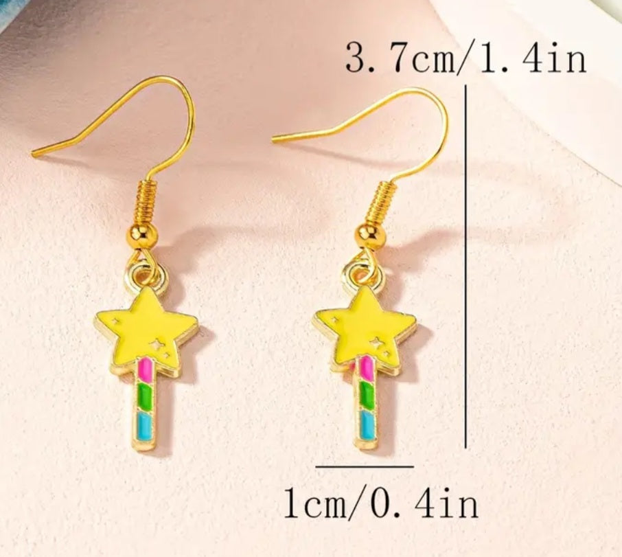 Enamel Painted Gold Plated Pastel Fairy Wand Star Design Tiny Drop Dangle Earrings