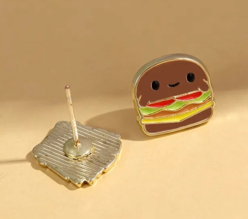 Burger French Fries Fast Food Design Enamel Gold Plated Metal Cartoon Mis-Match Irregular Stud Earrings