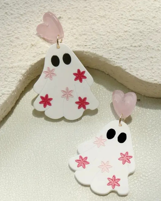 Acrylic Cartoon Ghost Pastel Pink Stars Design Halloween Heart Drop Dangle Earrings
