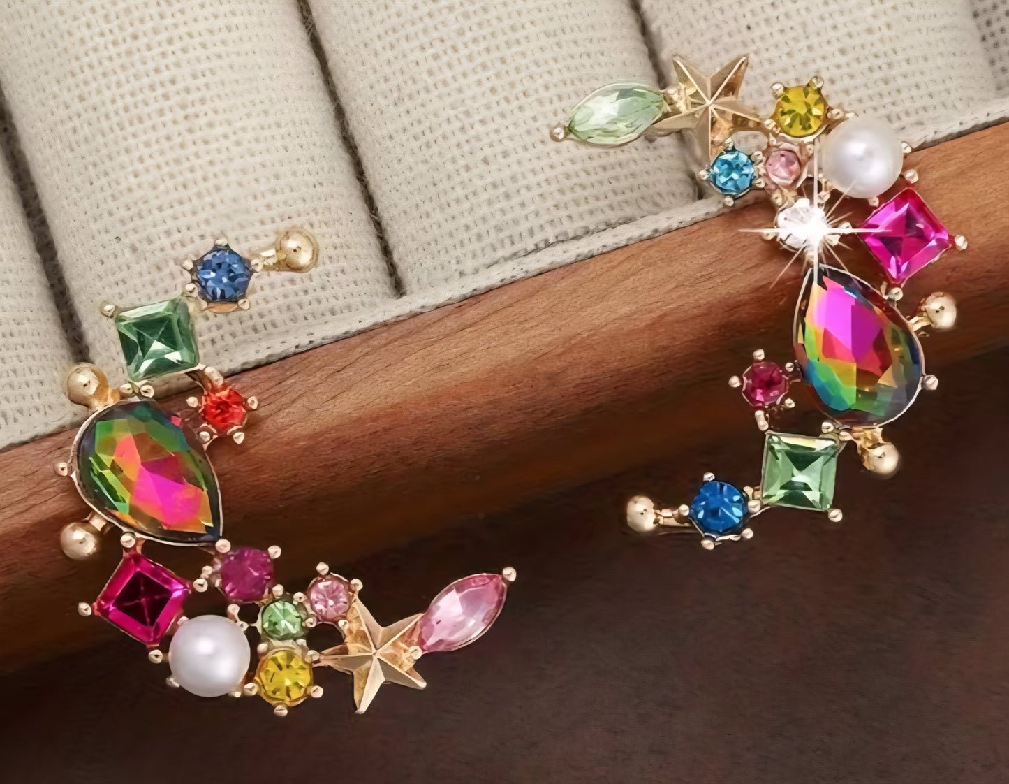 Celestial Crescent Moon Colourful Gem Rhinestone Gold Plated Giant Bling Jewel Stud Earrings