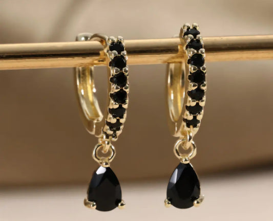 Dainty Small Copper Filled Gold Plated Cubic Zirconia Black Onyx Coloured Gems Tear Drop Mini Huggie Style Hoop Earrings