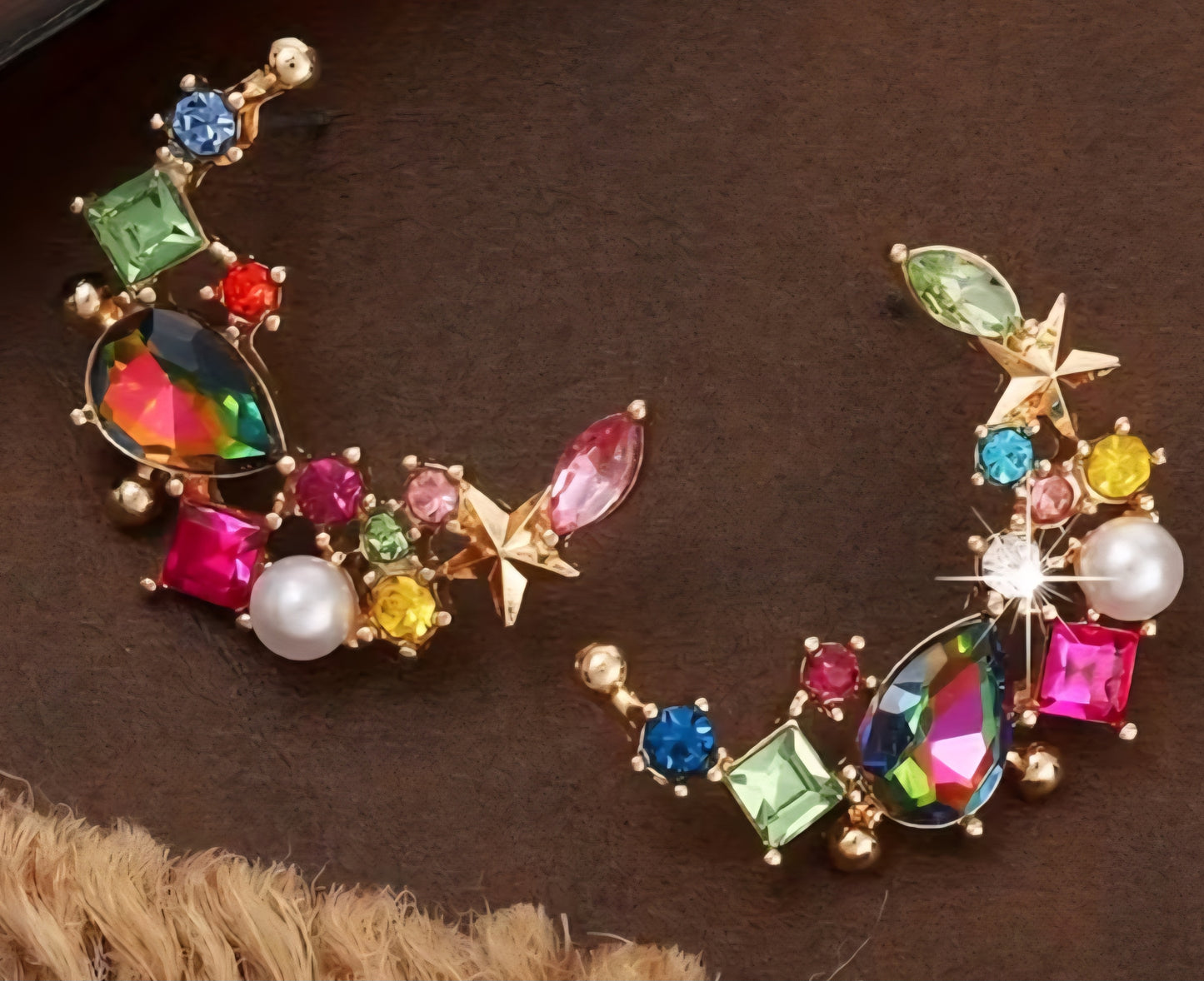 Celestial Crescent Moon Colourful Gem Rhinestone Gold Plated Giant Bling Jewel Stud Earrings