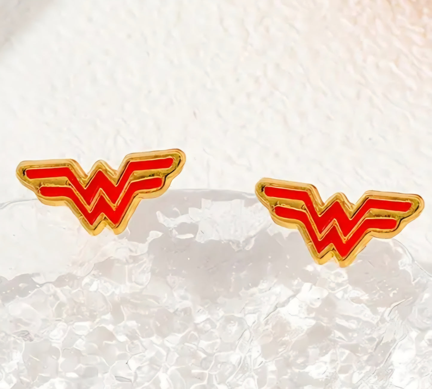 Enamel Painted Gold Plated Metal Super Hero Logo Wonder Woman Inpired Tiny Stud Earrings