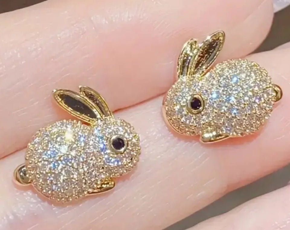 Easter Bunny Rabbit Gold Plated Rhinestone Encrusted Stud Earrings