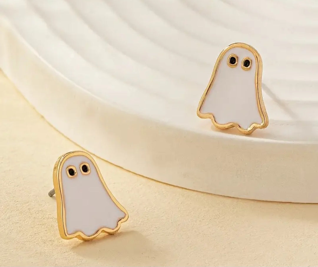 Gold Plated Enamel Painted Ghost White Gothic Punk Halloween Design Small Stud Earrings