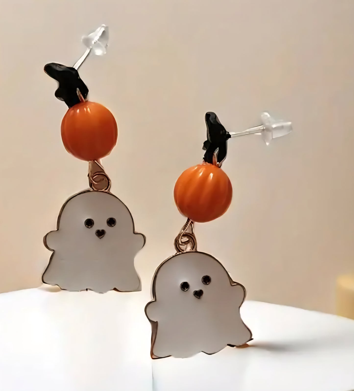 Enamel Painted Gold Plated Ghost Pumpkin Halloween Gothic Design Drop Dangle Earrings