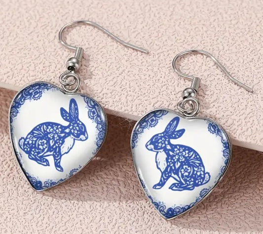Classic Blue Bunny Rabbit Easter Spring Design Heart Shape Glass resin Drop Dangle Earrings