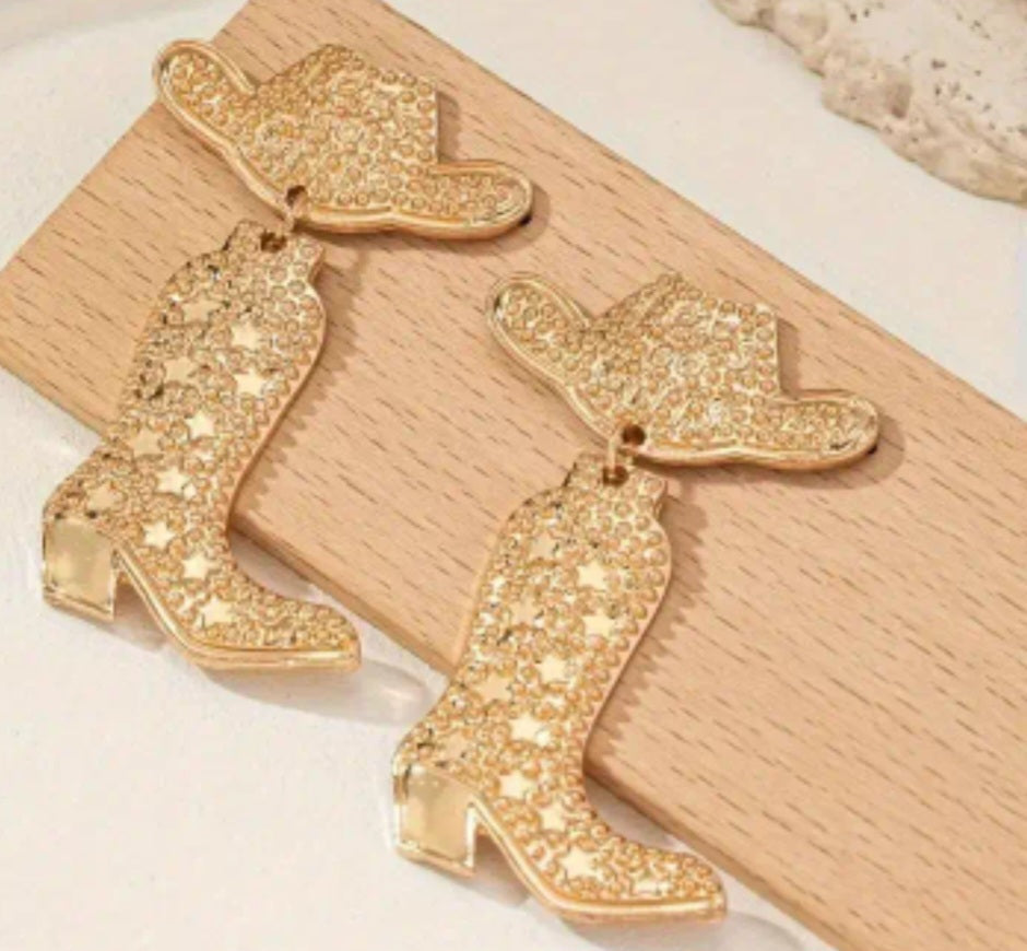 Cowboy Boots Hat Country Western Design Gold Plated Drop Dangle Earrings