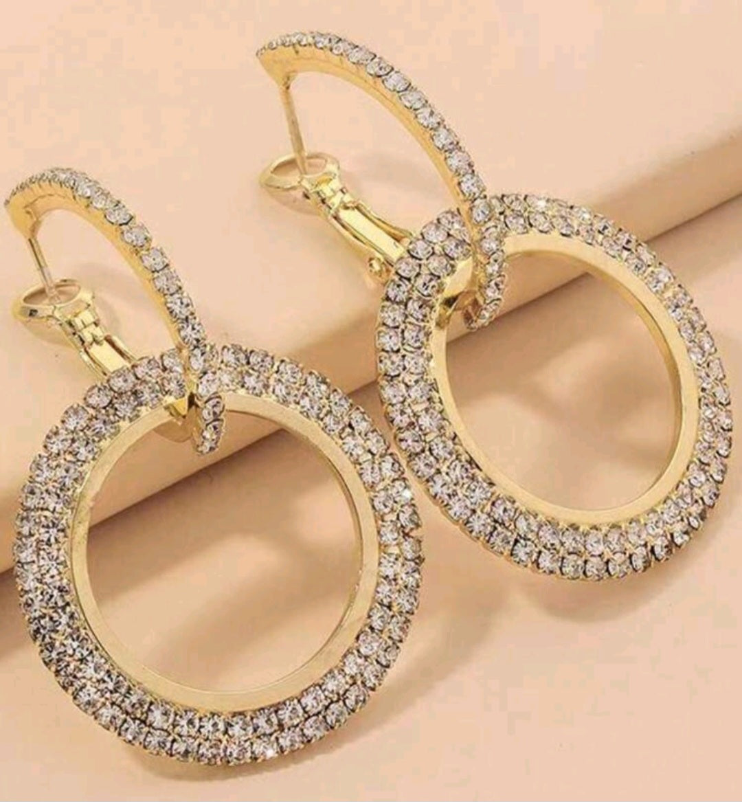 2 Looks In 1 Circle Drop Gold Plated Rhinestone Set Dangle Earrings