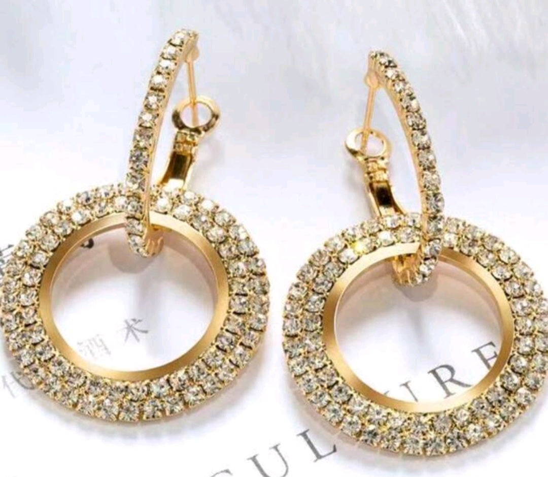 2 Looks In 1 Circle Drop Gold Plated Rhinestone Set Dangle Earrings
