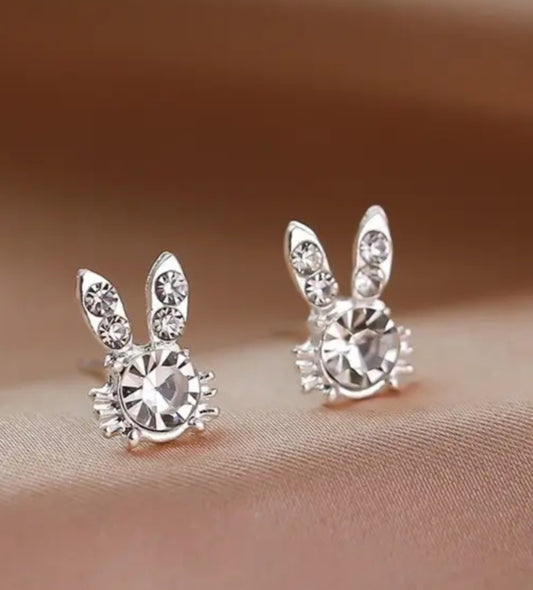 Easter Bunny Rabbit Head Spring Rhinestone Inlay Silver Plated Teeny Stud Earrings