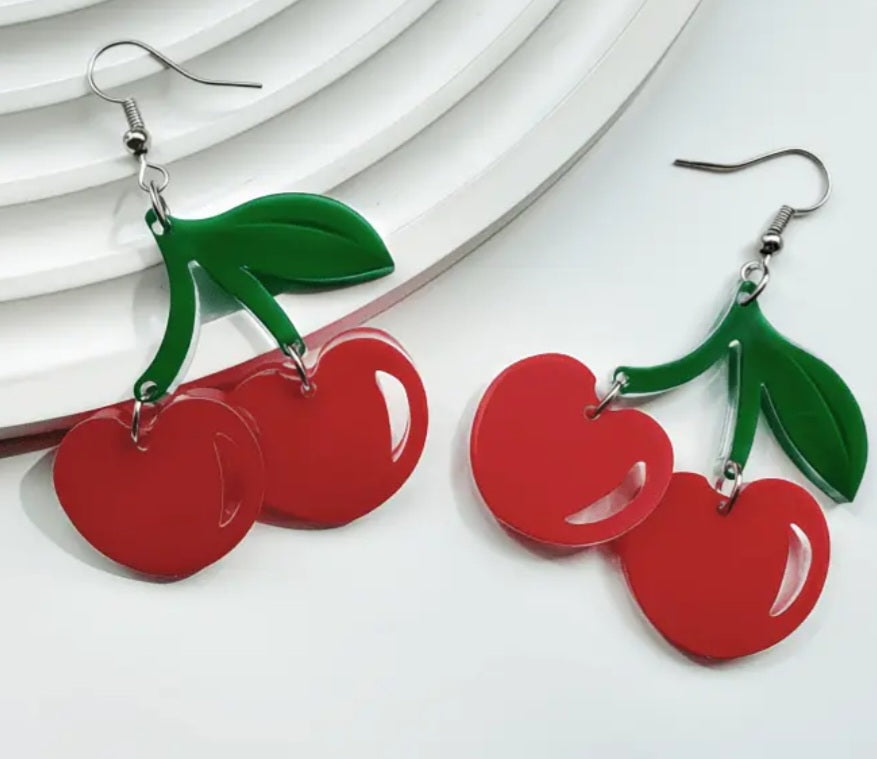 Acrylic Cherry Heart Design Red Drop Dangle Earrings