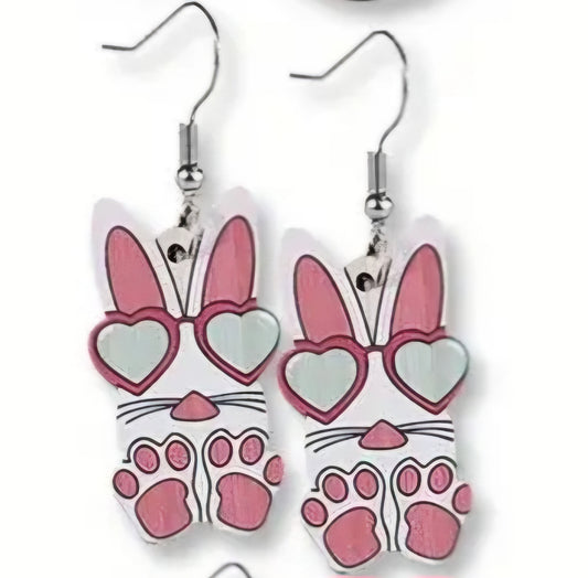 Cartoon Easter Bunny Rabbit Pink Sunglasses Spring Design Wood Drop Dangle Earrings