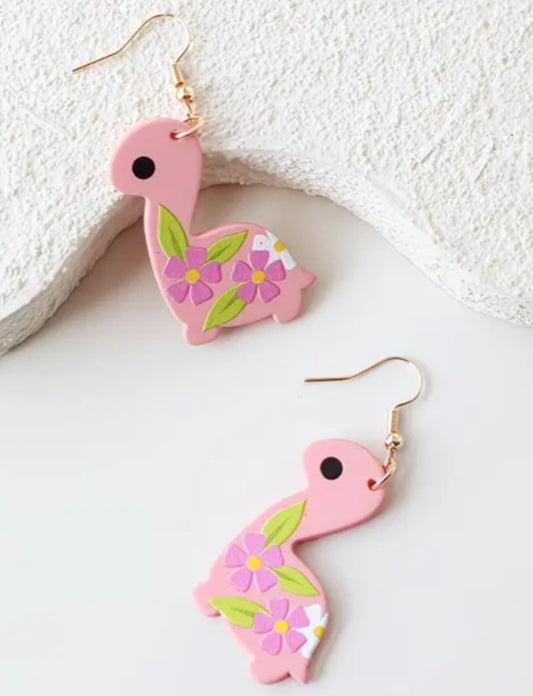 Acrylic Cartoon Floral Flower Print Pink Dino Dinosaur Design Drop Dangle Earrings