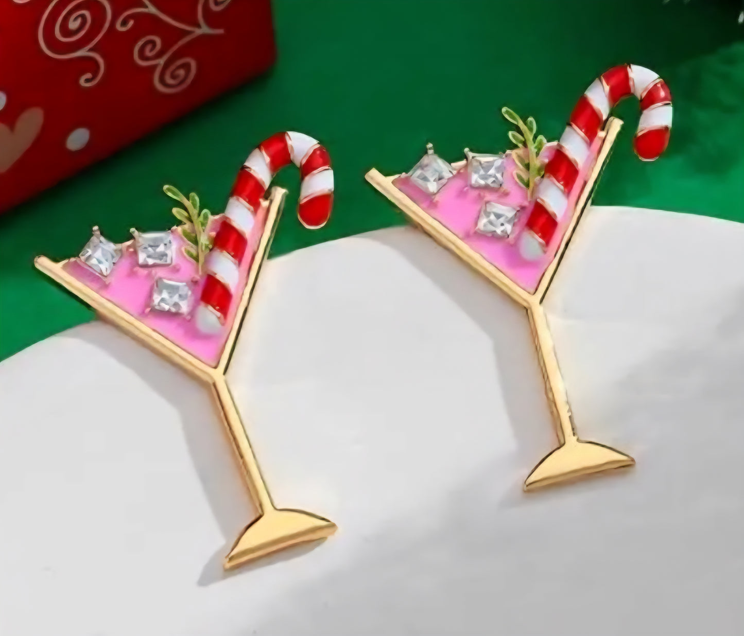 Candy Cane Christmas Festive Martini Cocktail Drink Design Enamel Rhinestone Pink Gold Plated Large Stud Earrings