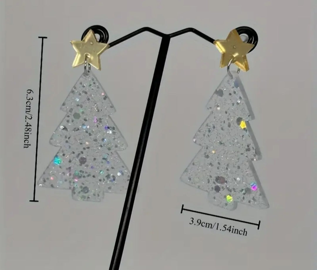 Acrylic Christmas Tree Clear Glitter Flake Gold Star Festive Design Drop Dangle Earrings