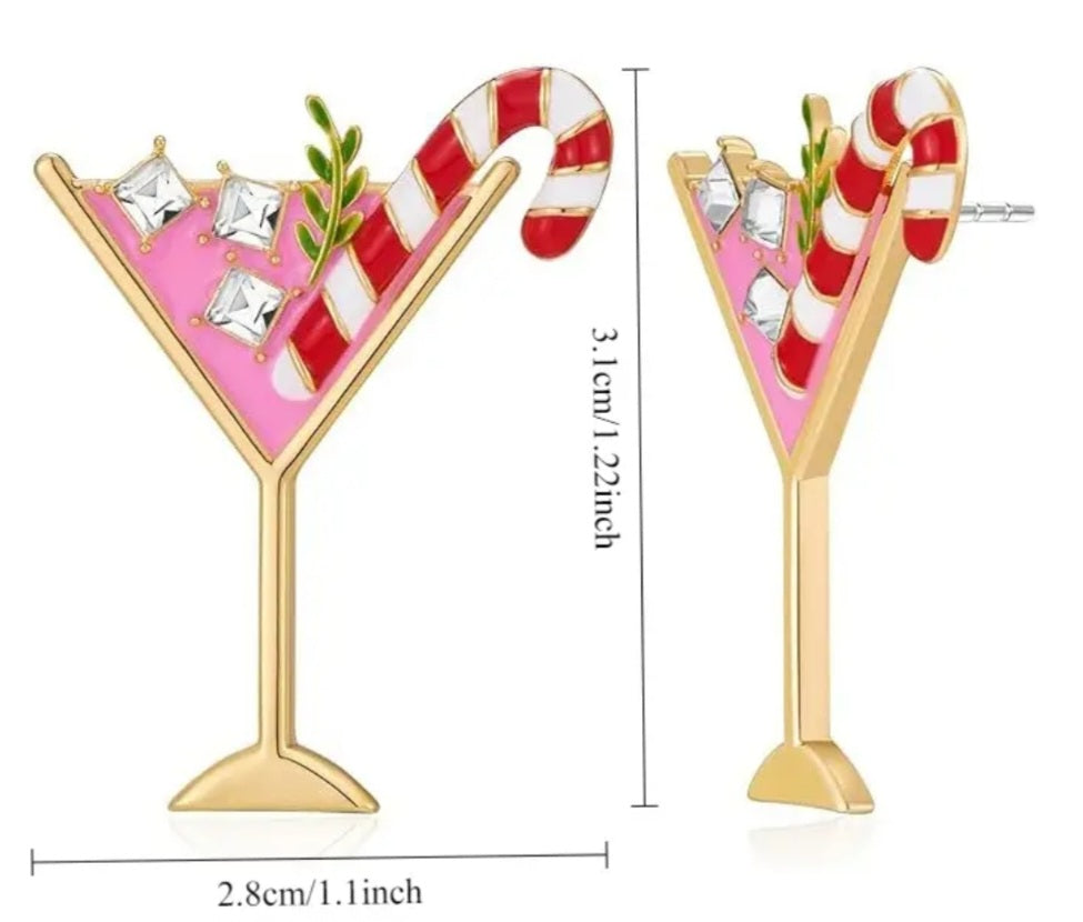 Candy Cane Christmas Festive Martini Cocktail Drink Design Enamel Rhinestone Pink Gold Plated Large Stud Earrings