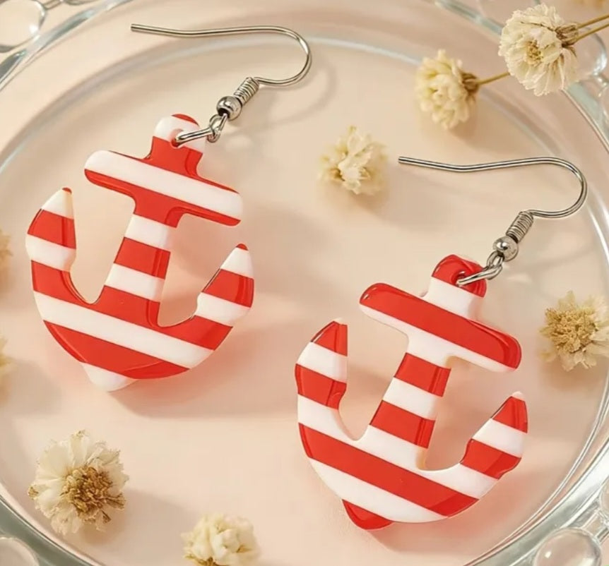 Acrylic Anchor Marine Nautical Striped Design Red White  Drop Dangle Earrings