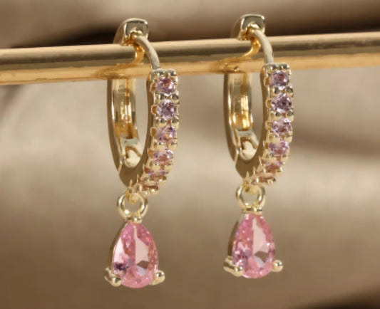 Dainty Small Copper Filled Gold Plated Cubic Zirconia Pastel Pink Crystal Coloured Gems Tear Drop Mini Huggie Style Hoop Earrings