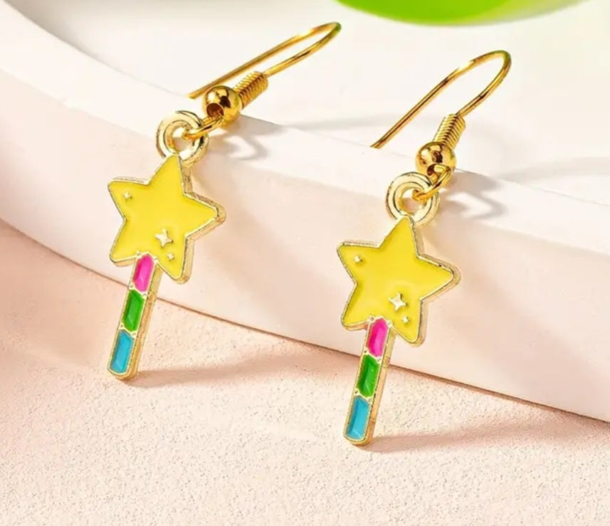 Enamel Painted Gold Plated Pastel Fairy Wand Star Design Tiny Drop Dangle Earrings