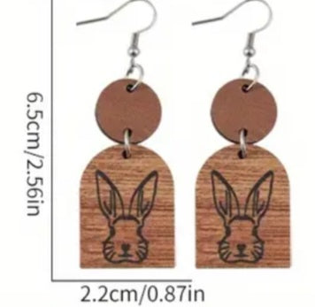 Cartoon Easter Bunny Rabbit Face Spring Design Wood Drop Dangle Earrings