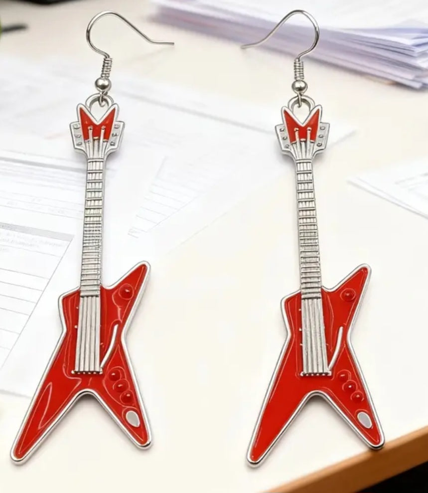 Electric Guitar Punk Rock Muscian Red Enamel Metal Design Silver Plated Drop Dangle Earrings
