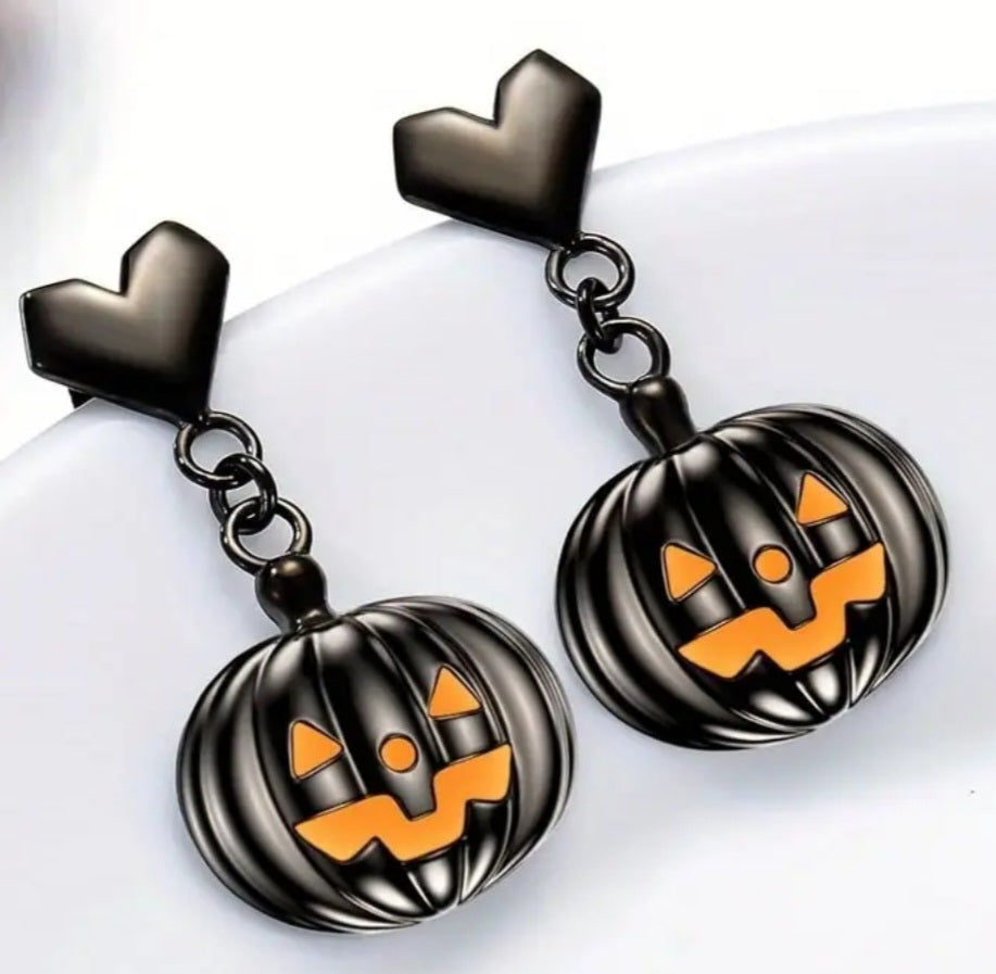 Black Enamel Gothic Halloween Painted Metal Jack O' Lantern Pumpkin  Heart Design Drop Dangle Earrings