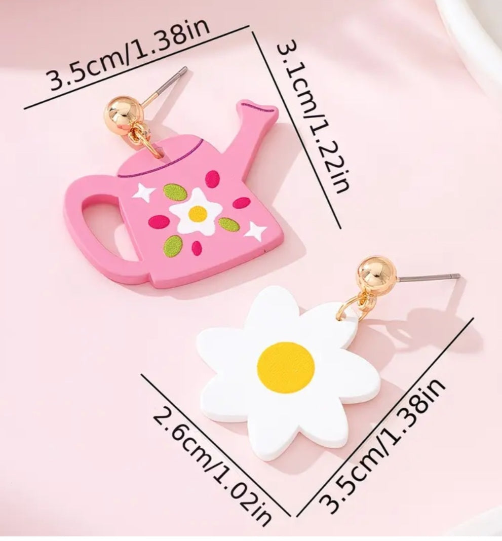 Acrylic Cartoon Daisy Flower Watering Can Garden Spring Mis-Match Drop Dangle Earrings