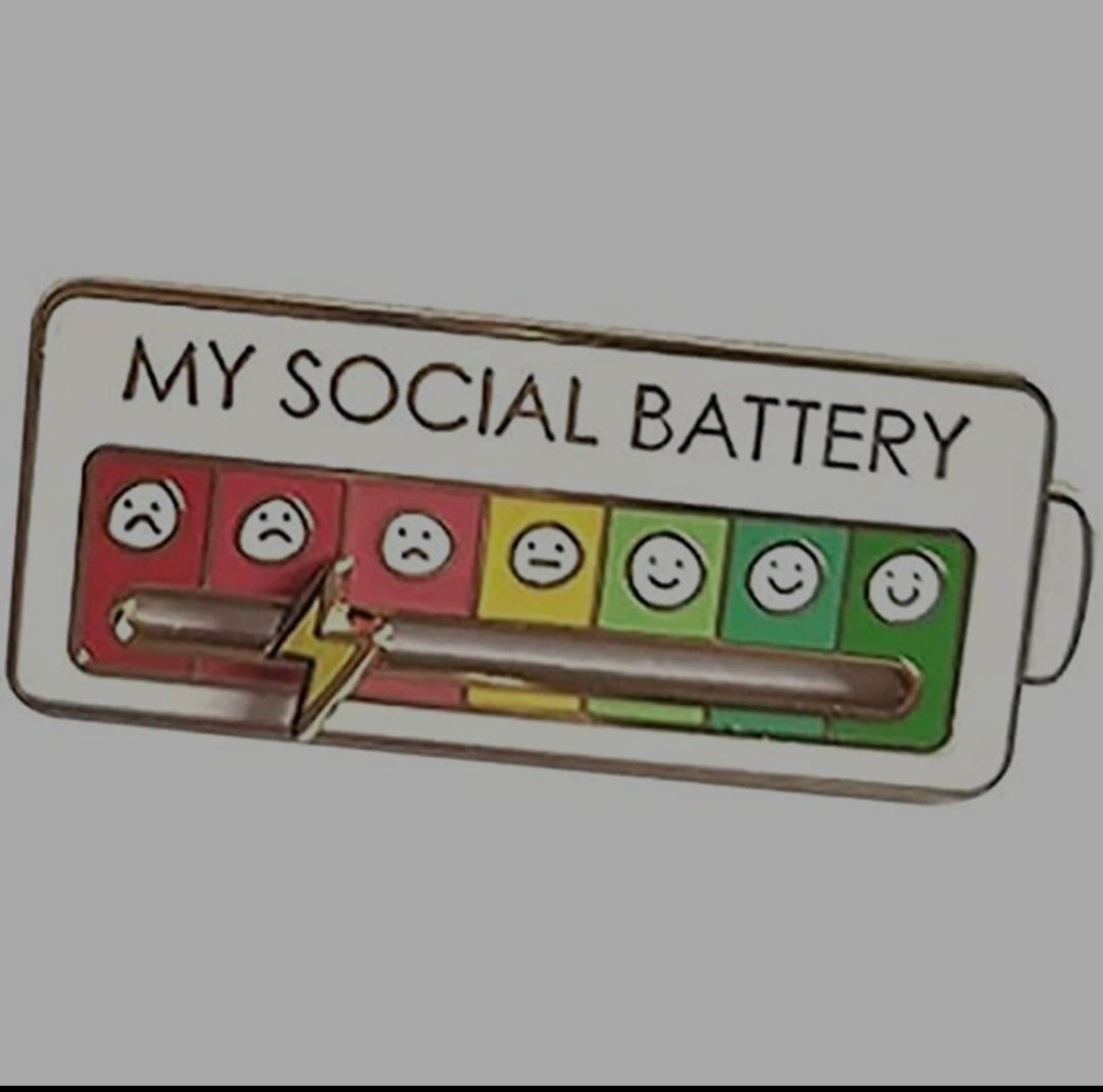 My Social Battery Mood Gauge With Moving Lightning Bolt White Enamel Steel Pin Brooch Badge