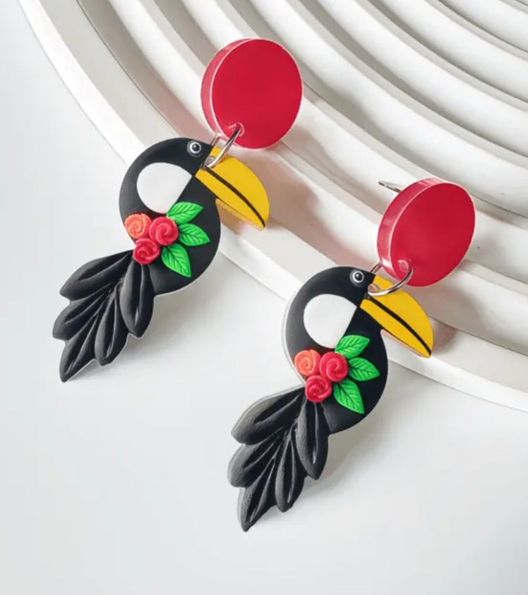 Acrylic Floral Toucan Parrot Design Drop Dangle Earrings