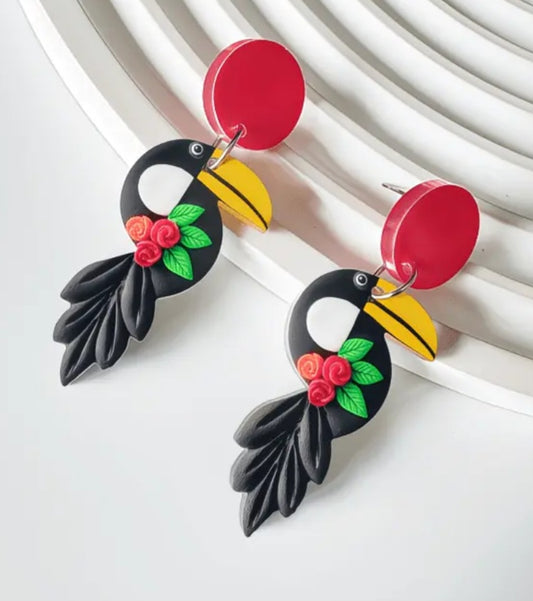 Acrylic Floral Toucan Parrot Design Drop Dangle Earrings